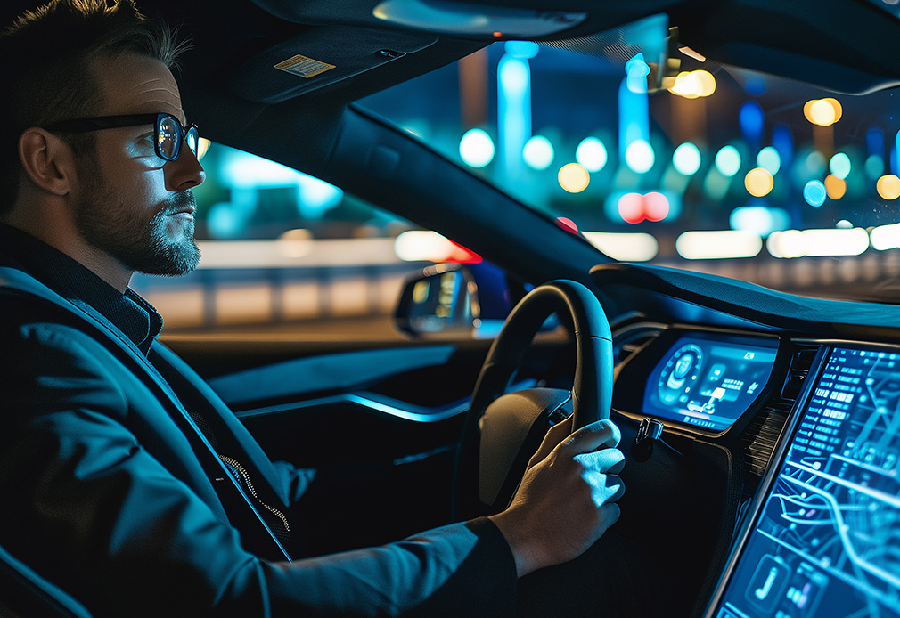 Mann fährt Auto mit digitalen Tools